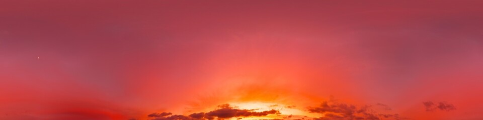 360 panorama of glowing sunset sky with bright pink Cirrus clouds. HDR 360 seamless spherical panorama. Full zenith or sky dome sky replacement for aerial drone panoramas. Climate and weather change.