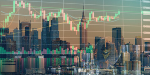 forex chart on cityscape with skyscrapers wallpaper double exposure. financial research concept.