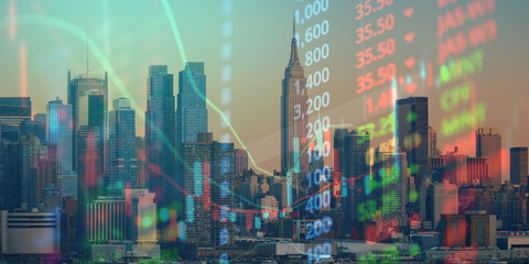 forex chart on cityscape with skyscrapers wallpaper double exposure. financial research concept.