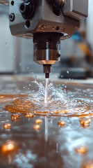 Close-up of CNC water jet machine cutting metal, showcasing precision engineering industrial manufacturing and high-tech metal fabrication for automotive and machinery parts.


