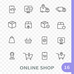 Set of 16 outline icons related to online shop. Linear icon collection. Editable stroke. Vector illustration