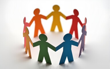Paper figures of diverse colors hold hands in circle unity, community. Concept of teamwork, togetherness, friendship, support, connection, cooperation, partnership, equality. Abstract, social,