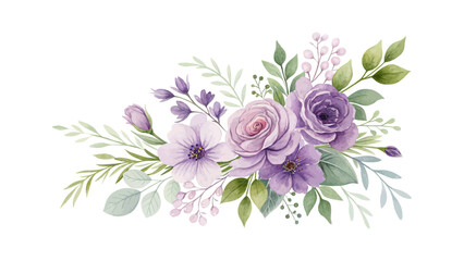 Beautiful purple rose bouquets with green eucalyptus leaves in watercolor style, perfect for wedding cards, decorative design, posters, and botanical themed projects