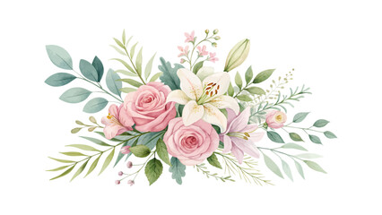 Vector illustration of pink and cream roses, peonies, hydrangeas, and tropical leaves for elegant floral designs perfect for weddings, invitations, or seasonal decor