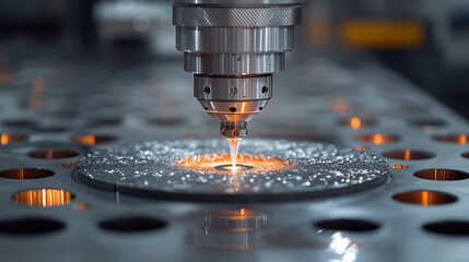 Close-up of CNC water jet machine cutting metal, showcasing precision engineering industrial manufacturing and high-tech metal fabrication for automotive and machinery parts.

