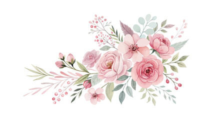 Delicate pink watercolor wedding floral design on white background featuring hand-painted leaves and soft petal details perfect for romantic and elegant creative projects
