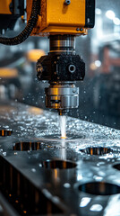 Close-up of CNC water jet machine cutting metal, showcasing precision engineering industrial manufacturing and high-tech metal fabrication for automotive and machinery parts.

