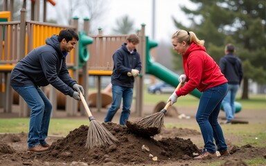 Volunteers collaborating to remove debris from a community playground. High quality