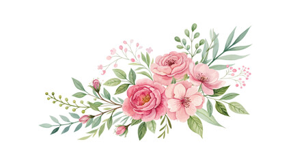 Watercolor floral arrangement featuring pink roses and botanical leaves in a delicate illustration style, perfect for elegant wedding cards, fabrics, and branding composition