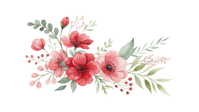 Watercolor flower design with pink and burgundy blooms, lush leaves, ideal for elegant wedding invitation templates and romantic event stationery with decorative botanical style.