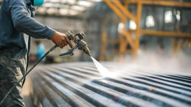 Metal Coating Process: A worker applies a protective coating to metal surfaces using a spray gun, in a industrial environment.
