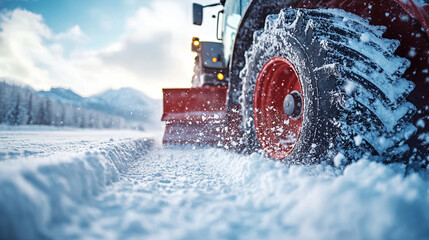 Closeup of snow plow tractor shovel pushing heavy snow symbolizing strength efficiency winter maintenance urban safety and powerful machinery in action.


