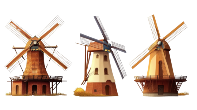 Set of traditional and modern windmills in various designs and angles isolated on white background
