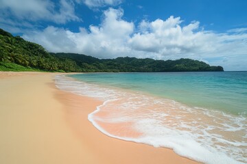 Relaxing on a perfect sandy beach with gentle waves under a clear sky, Perfect sand beach relaxation nature Sea wave wash on tropical coast