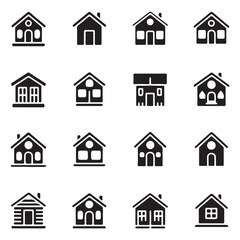 Collection home icons. House symbol. Set of real estate objects and houses black icons isolated on white background. Vector illustration.