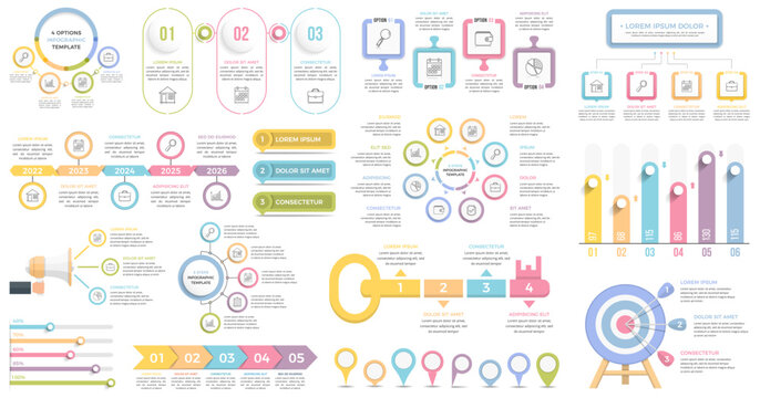 Colorful infographic design elements including charts, diagrams, timelines, icons, and data visualization components for presentations, vector eps10 illustration