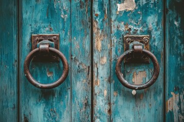 Rustic wooden door with metal ring handles shows signs of age and weathering in a quaint setting, Old rustic wooden door with metal ring handles, the process of opening