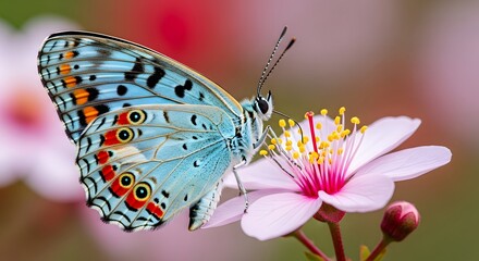 butterfly on pink flower.Delicate Turquoise Butterfly Perched on a Pink Blossom: A Macro View.