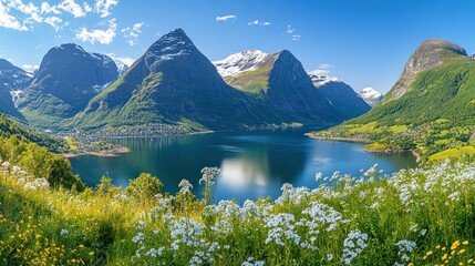 Panoramic fjord view, sunny mountains, wildflowers
