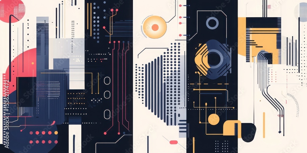Poster abstract geometric composition with lines circles and rectangles in a modern style
