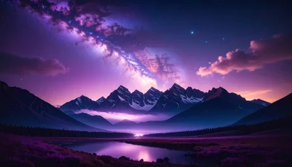 Fototapete Mountain landscape at night with a vibrant milky way © hendar