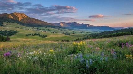 Mountain valley meadow at sunset