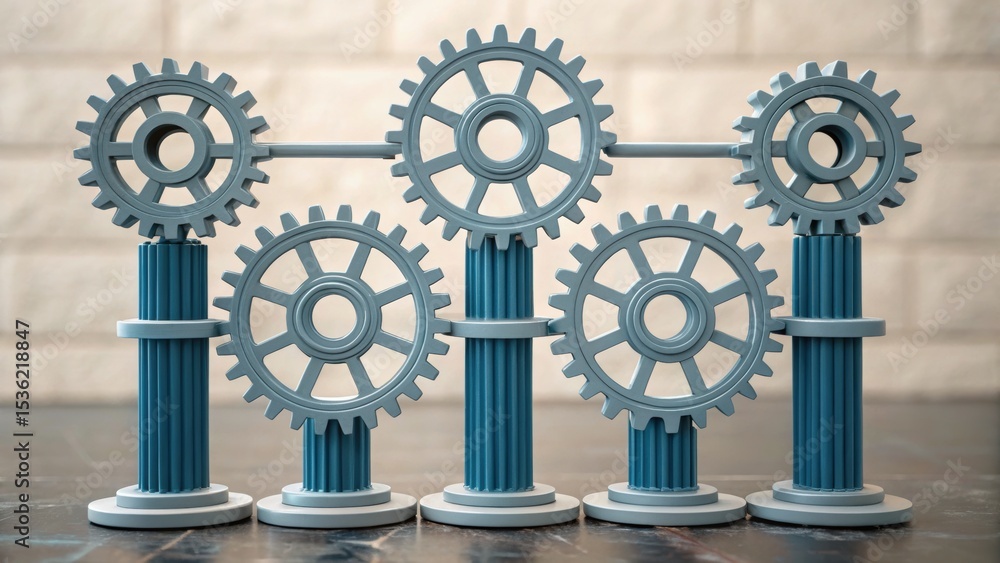 Poster a series of interlocking gears standing upright on pillars, showcasing mechanical design and enginee