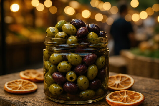 Glass jar filled with green and black olives on rustic wooden table with dried orange slices at a festive outdoor food market