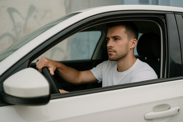 Focused young man driving a modern white car in an urban environment wearing a casual white t shirt