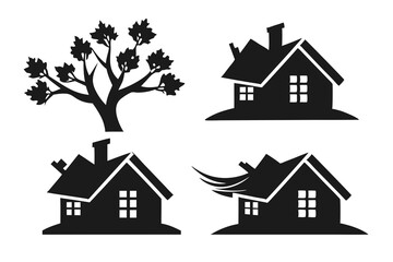 Falling Tree on House silhouette vector illustration