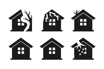 set of Falling Tree on House silhouette vector illustration