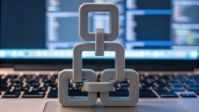 A metallic abstract sculpture sits atop a laptop keyboard, with a blurred digital interface visible in the background.