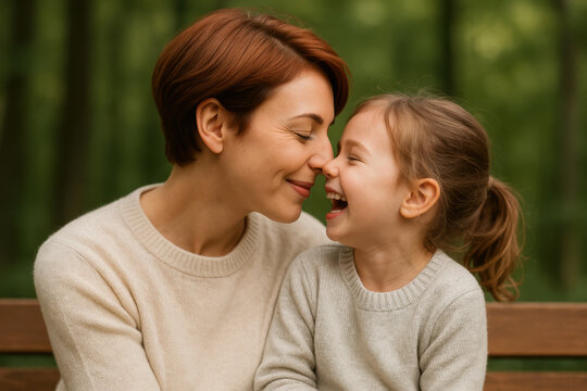 Mother and daughter sharing a tender moment on a park bench, touching noses and laughing together in cozy sweaters outdoors