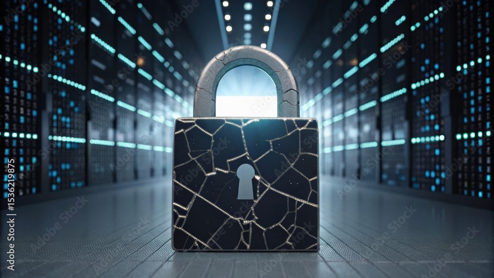 Poster a digital padlock stands in a high-tech server room, illuminated by ambient light, symbolizing secur