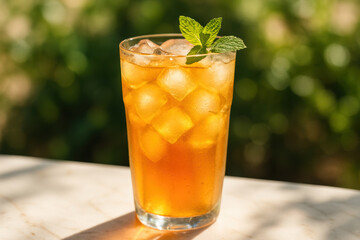 Refreshing glass of iced tea garnished with fresh mint leaves on a sunny day, vibrant cold beverage for summer hydration outdoors