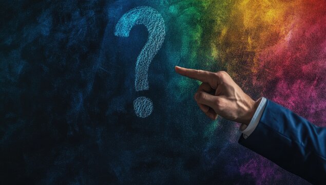 Hand of a businessman pointing at a question mark drawn on a chalkboard background, closeup. This is a business concept.