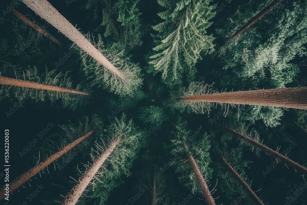 Poster view of towering evergreen trees in a dense forest against a dark background, evergreen trees in the