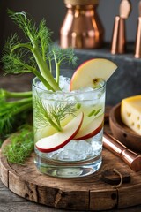 Refreshing Apple Dill Cocktail with Ice and Wooden Board Presentation