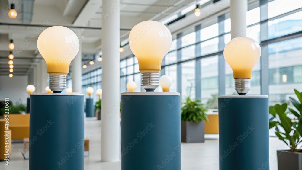 Poster modern workspace featuring illuminated light bulbs on pedestals, surrounded by plants and large wind