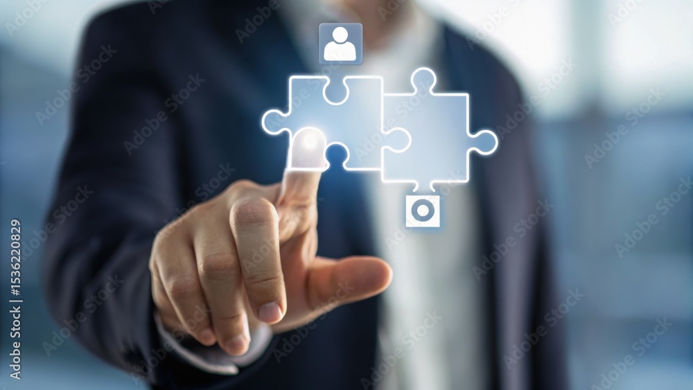 Poster a person interacts with digital puzzle pieces, symbolizing problem-solving and connectivity in a mod