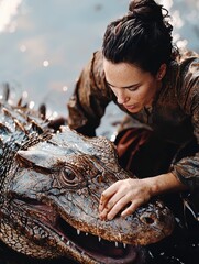 Woman Gently Touching Alligator's Face A Moment of Connection with Wildlife