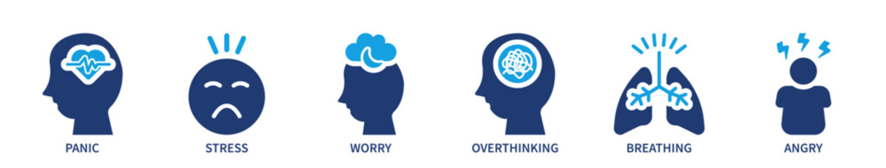 Anxiety icon collection including panic, stress, worry, overthinking, deep breathing, and relief in modern solid blue style