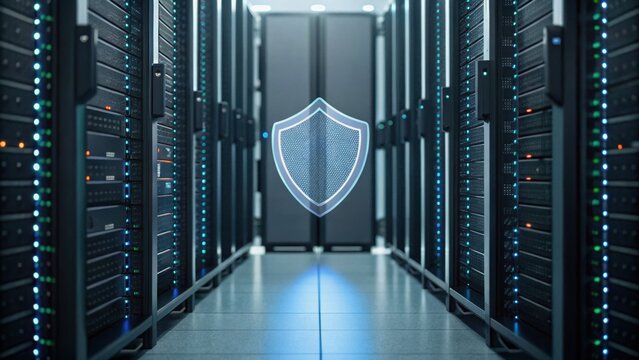 Data center aisle with server racks and a digital shield symbolizing cybersecurity and data protection.