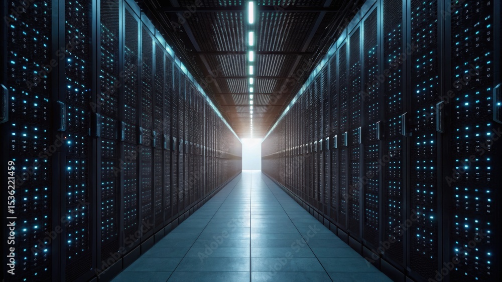 Aufkleber data center corridor with rows of servers, illuminated by a bright light at the end, creating a futu
