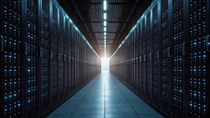 Data center corridor with rows of servers, illuminated by a bright light at the end, creating a futuristic atmosphere.