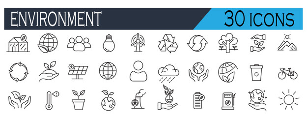 Environment Icons Set – Eco, Sustainability, Nature, and Green Energy Vector Symbols