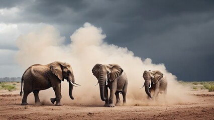 Elephants playing in dust storm african savanna wildlife dramatic atmosphere nature's majesty