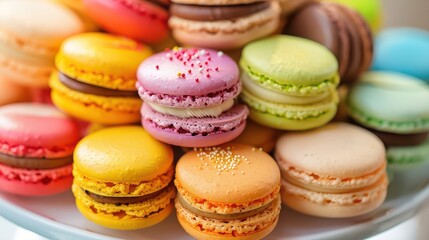 Obraz premium A close up shot of a colorful assortment of macarons stacked on top of each other on a white surface