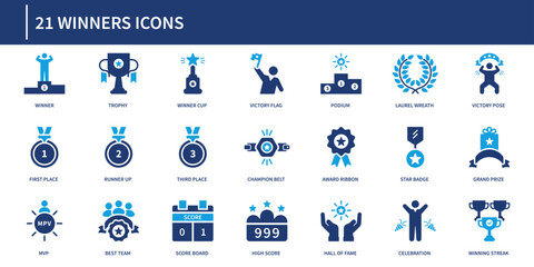 Winners icon collection in modern solid style featuring champion, trophy, medal, podium, award, badge, celebration, hall of fame, and recognition symbols