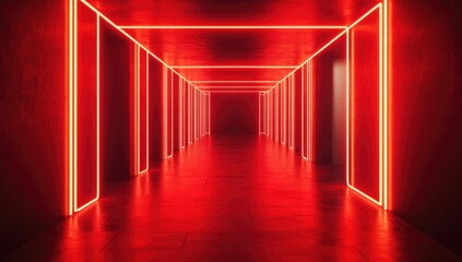 Fototapeta premium Glowing red neon lights in a dark, empty, futuristic corridor background, an AI generative technology concept.